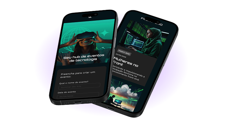 Tela do App Tecboard em dois celulares sobrepostos, com destaque para o hub de eventos de tecnologia.